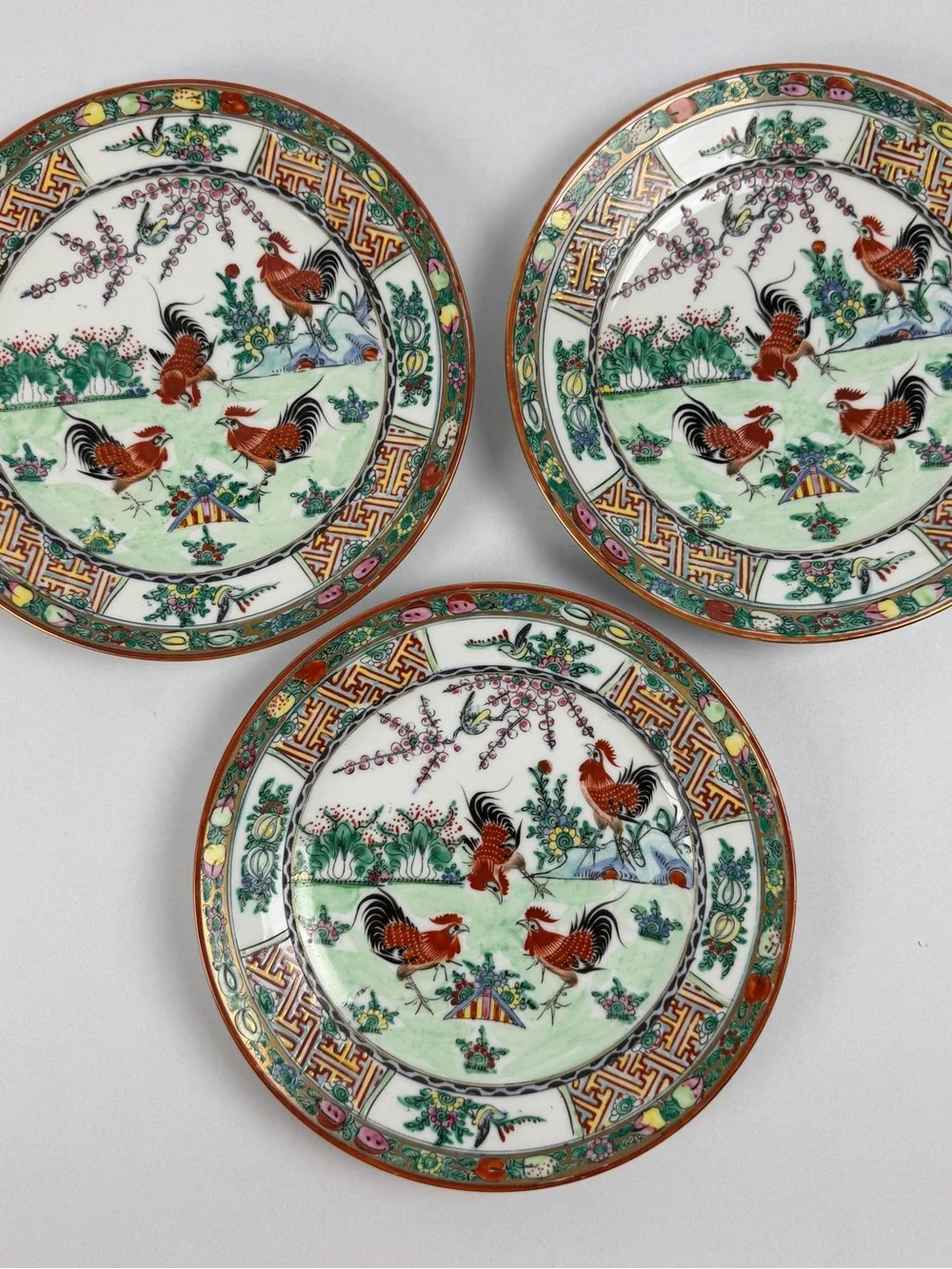 Chinese Famille Rose Canton Rooster Porcelain Plates Set of 3, 8” Hong Kong